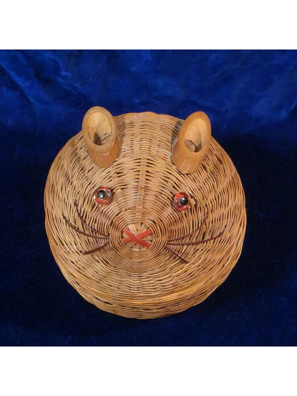 Vintage Woven Wicker Lidded Bunny Basket with Ceramic Liner 4.5" Red Eyes